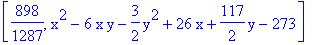 [898/1287, x^2-6*x*y-3/2*y^2+26*x+117/2*y-273]